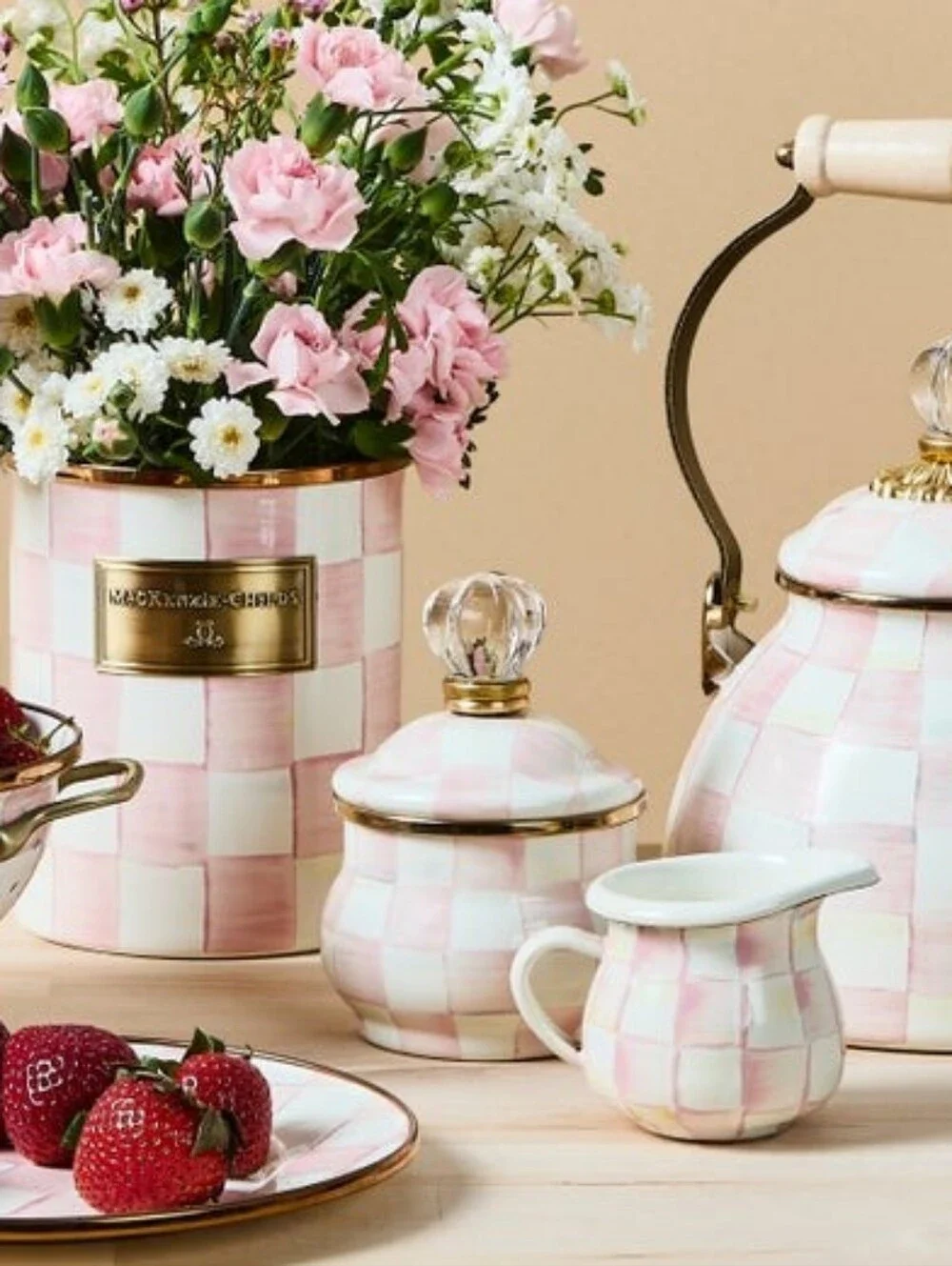 Mackenzie-Childs Rosy Check Lidded Sugar Bowl